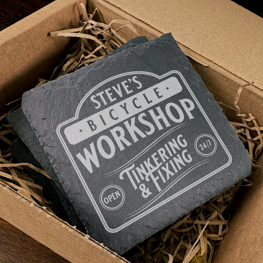 Bicycle Workshop Slate Coaster, Personalised Great Slate Coaster with name