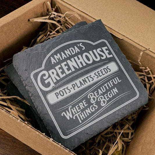 Personalised Slate coaster, Gret slate coaster with personalised greenhouse design