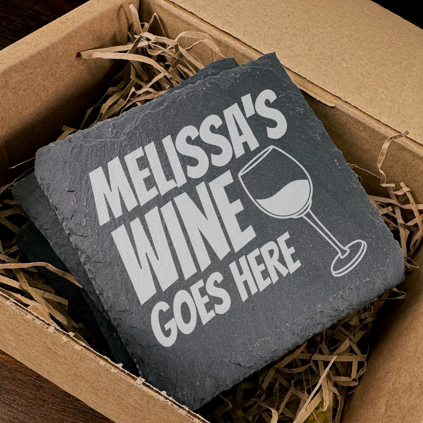 Personalised slate coaster with wine glass