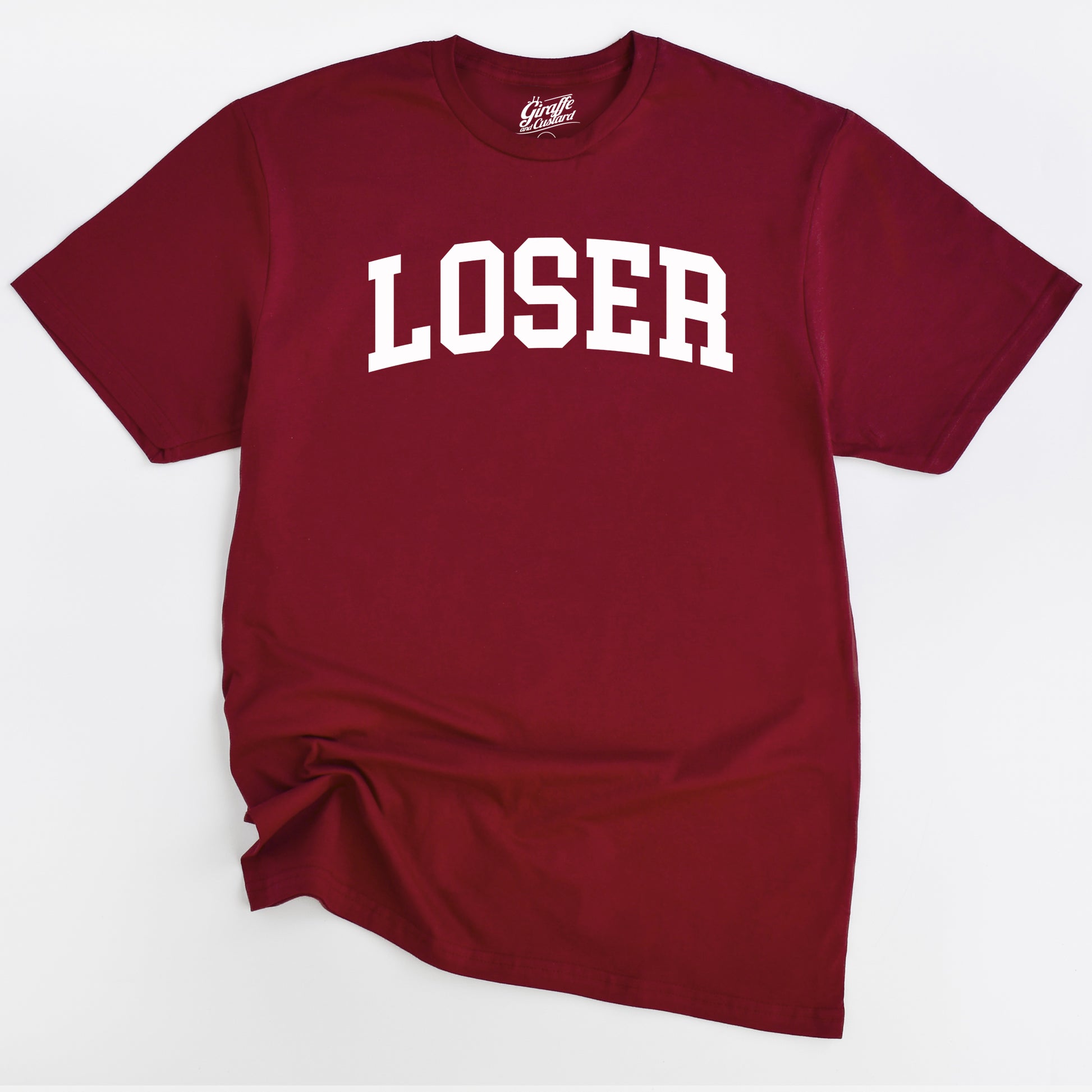 Maroon t-shirt with 'LOSER' in white on a light gray background