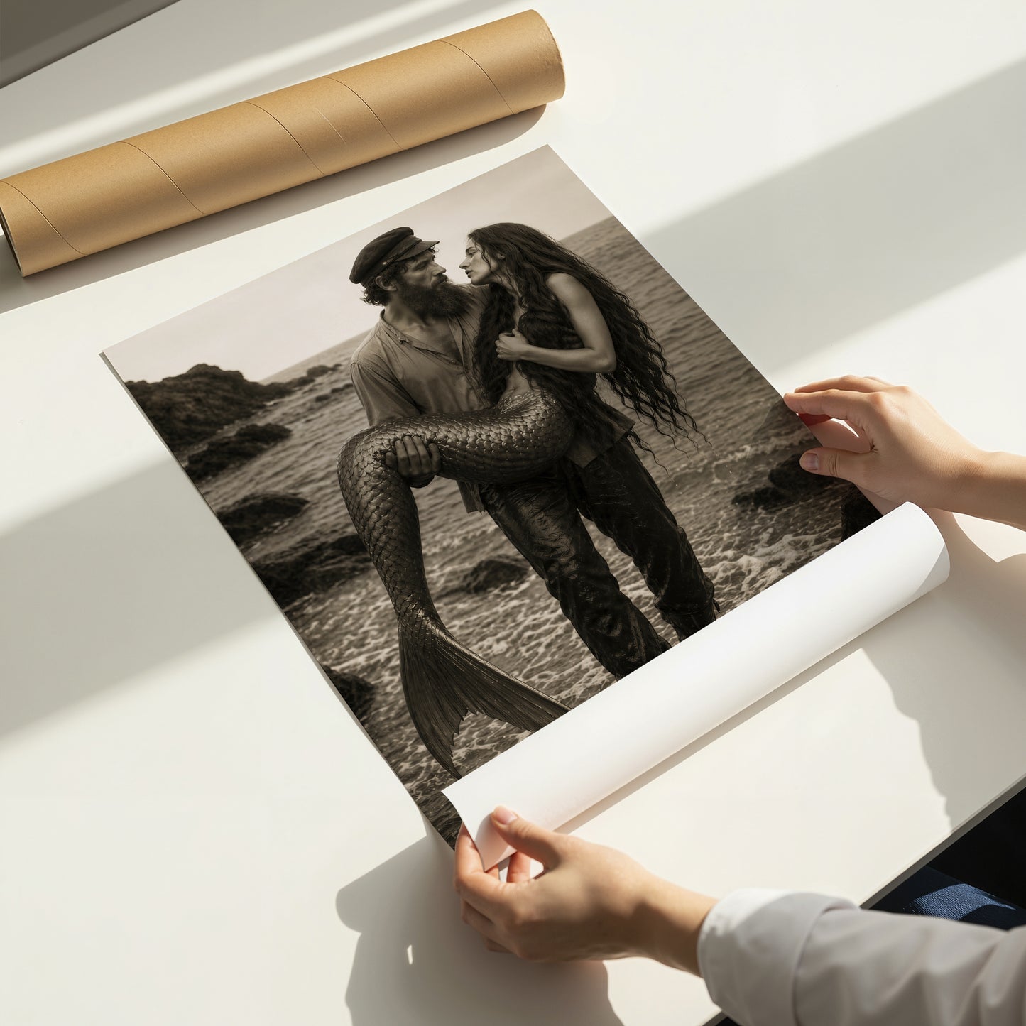 Mermaid Love Print Coastal Wall Art Romantic Ocean Couple Fisherman Mermaid Poster Fantasy Beach Decor Moody Black White Art