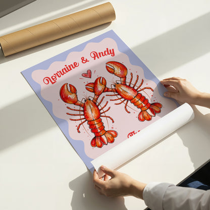 Personalised Lobster Couple Print, Perfect Catch Wedding Gift, Anniversary Wall Art, Coastal Love Print, A4 A3 A2 A1