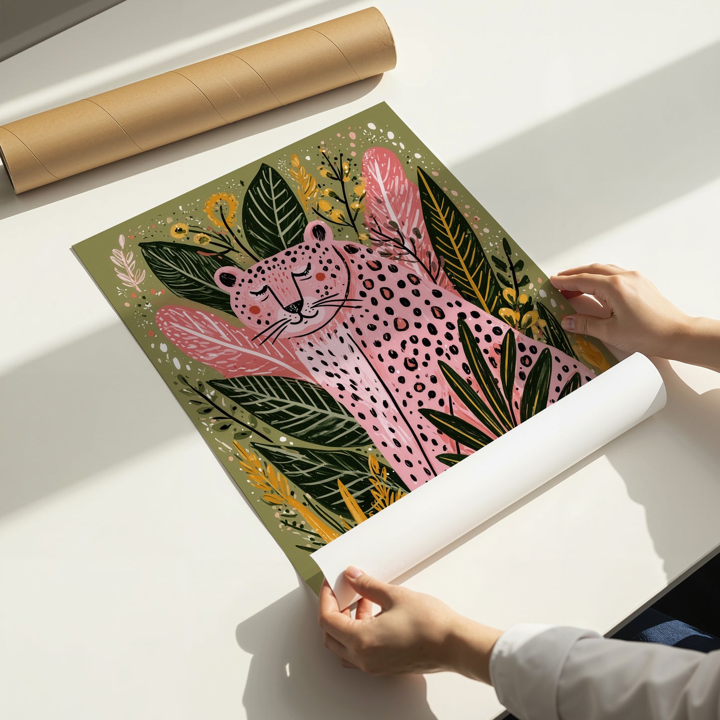 Pink Leopard Wall Art Print, Boho Jungle Animal Poster, Folk Art Botanical Decor, Maximalist Leopard Print, A4 A3 A2 A1