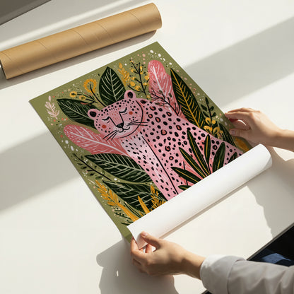 Pink Leopard Wall Art Print, Boho Jungle Animal Poster, Folk Art Botanical Decor, Maximalist Leopard Print, A4 A3 A2 A1