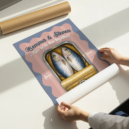 Personalised Sardines Couple Print, We're In This Together Wedding Gift, Anniversary Wall Art, Coastal Love Print, A4 A3 A2 A1