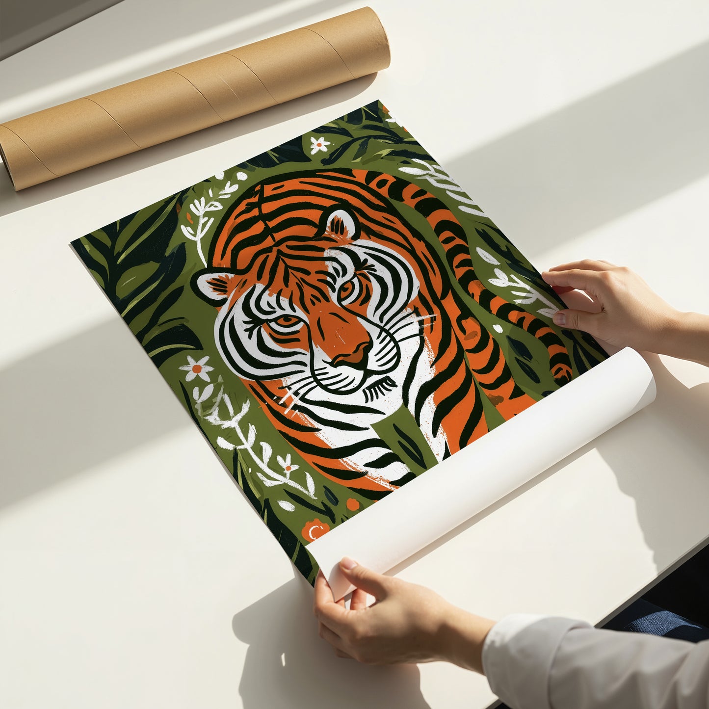 Tiger Wall Art Print, Jungle Animal Poster, Botanical Tiger Art, Folk Art Wildlife Decor, Maximalist Print, A4 A3 A2 A1