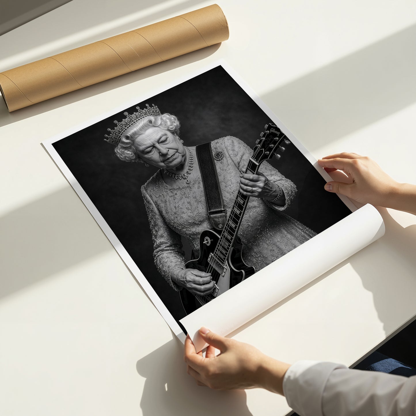 Queen Elizabeth II Guitar Print, Royal Rock Wall Art, British Music Poster, Black and White Queen Portrait, Alternative Royal Art