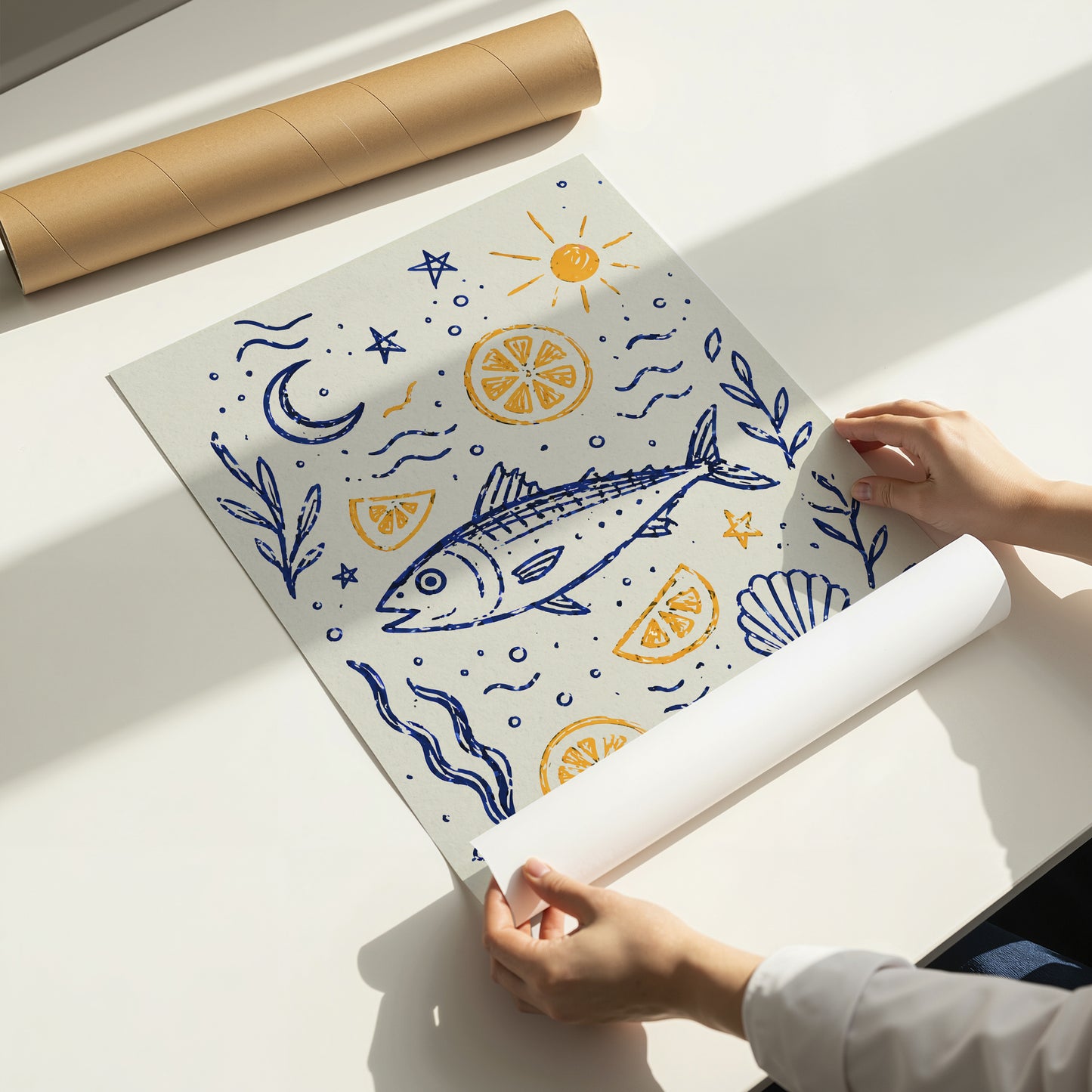 Mediterranean Fish Print Coastal Kitchen Wall Art Nautical Poster Lemon Seafood Illustration Beach House Decor Blue Yellow A4 A3 A2 A1