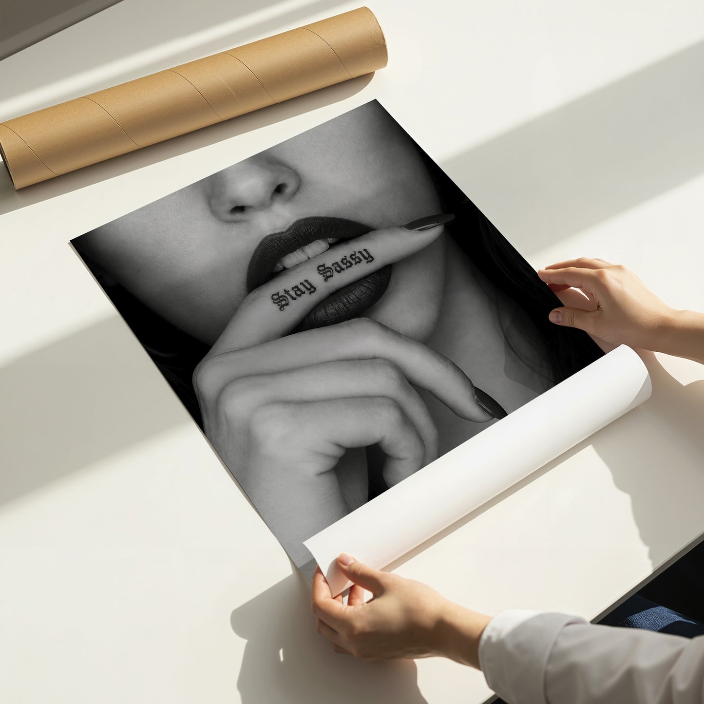 Stay Sassy Black White Wall Art Moody Feminine Poster Fashion Lips Print Edgy Bedroom Decor Modern Glam Artwork