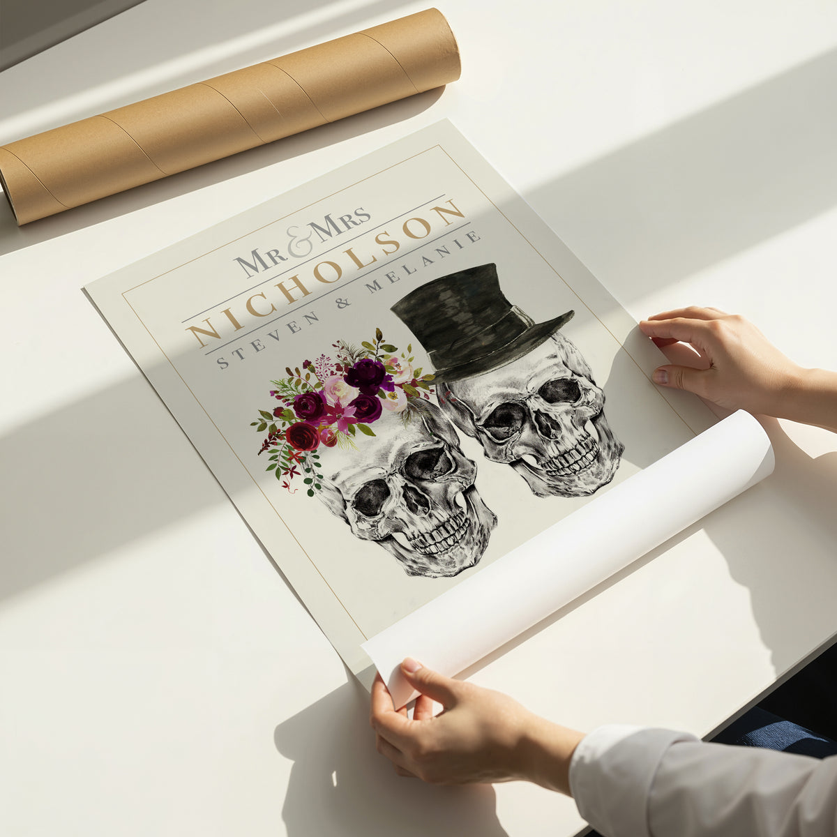 Personalised Skull Couple Wedding Print – Alternative Gothic Wall Art