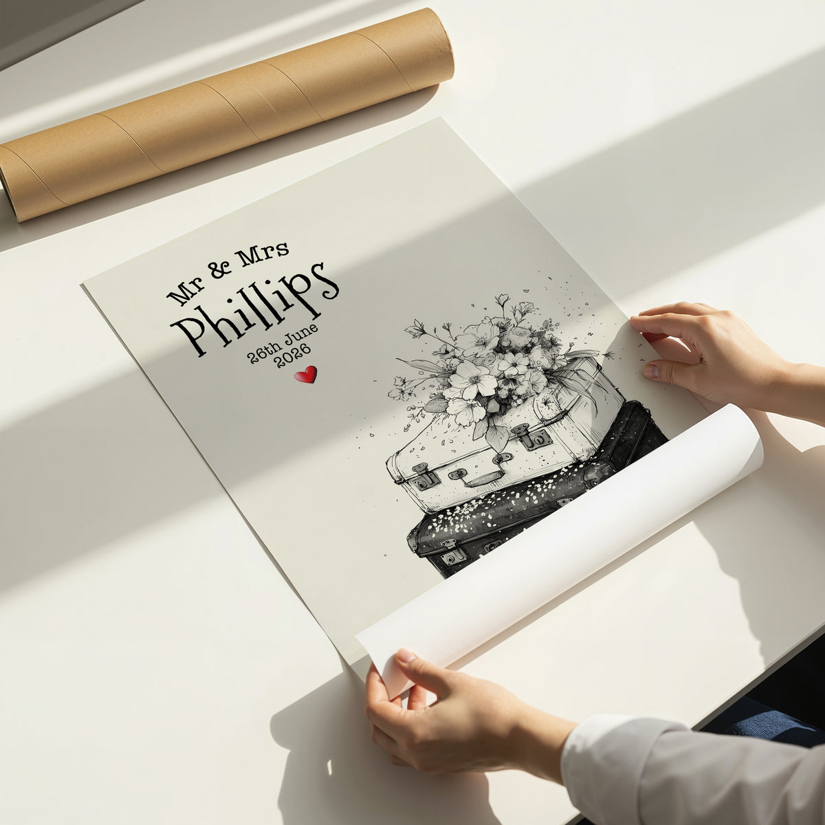 Personalised Wedding Print – Vintage Suitcase Couple Wedding Gift
