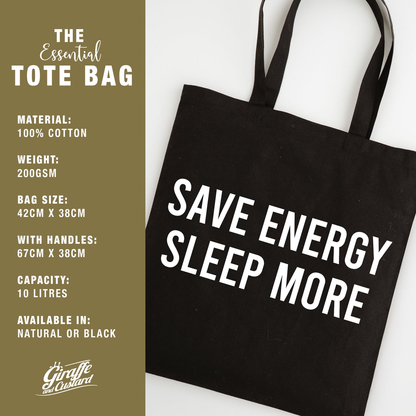 Funny Slogan Tote Bag – “Save Energy, Sleep More”