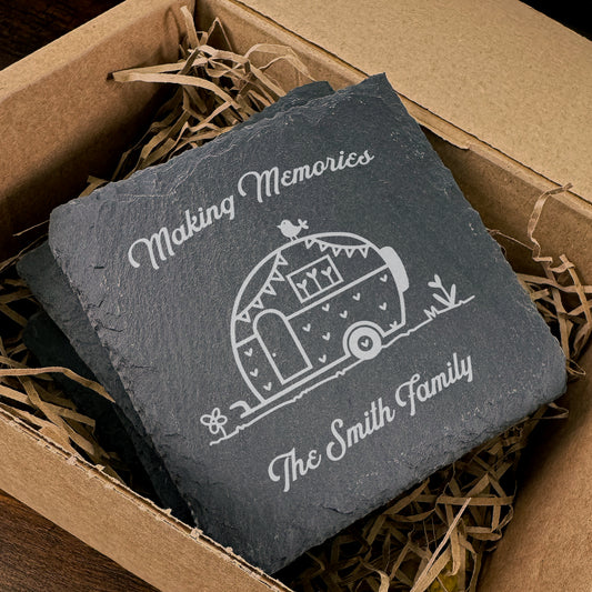 Personalised Camping Caravan Coasters Slate Coaster Set Making Memories SC12