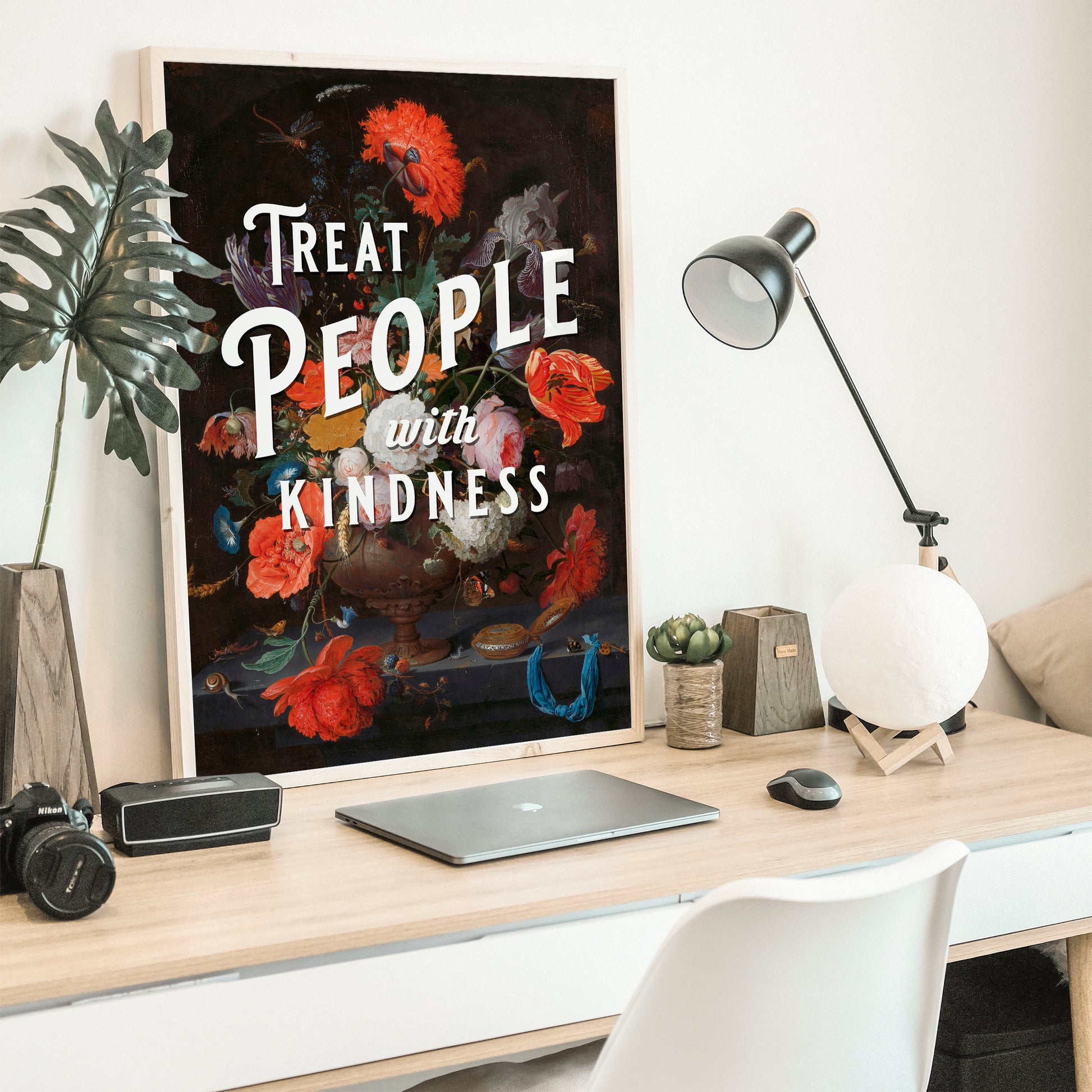 treat people with kindness harry styles quote art print poster framed on desk
