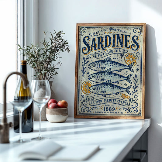 Vintage Sardines Print Coastal Kitchen Wall Art French Seafood Poster Mediterranean Decor Nautical Fish Illustration A4 A3 A2 A1