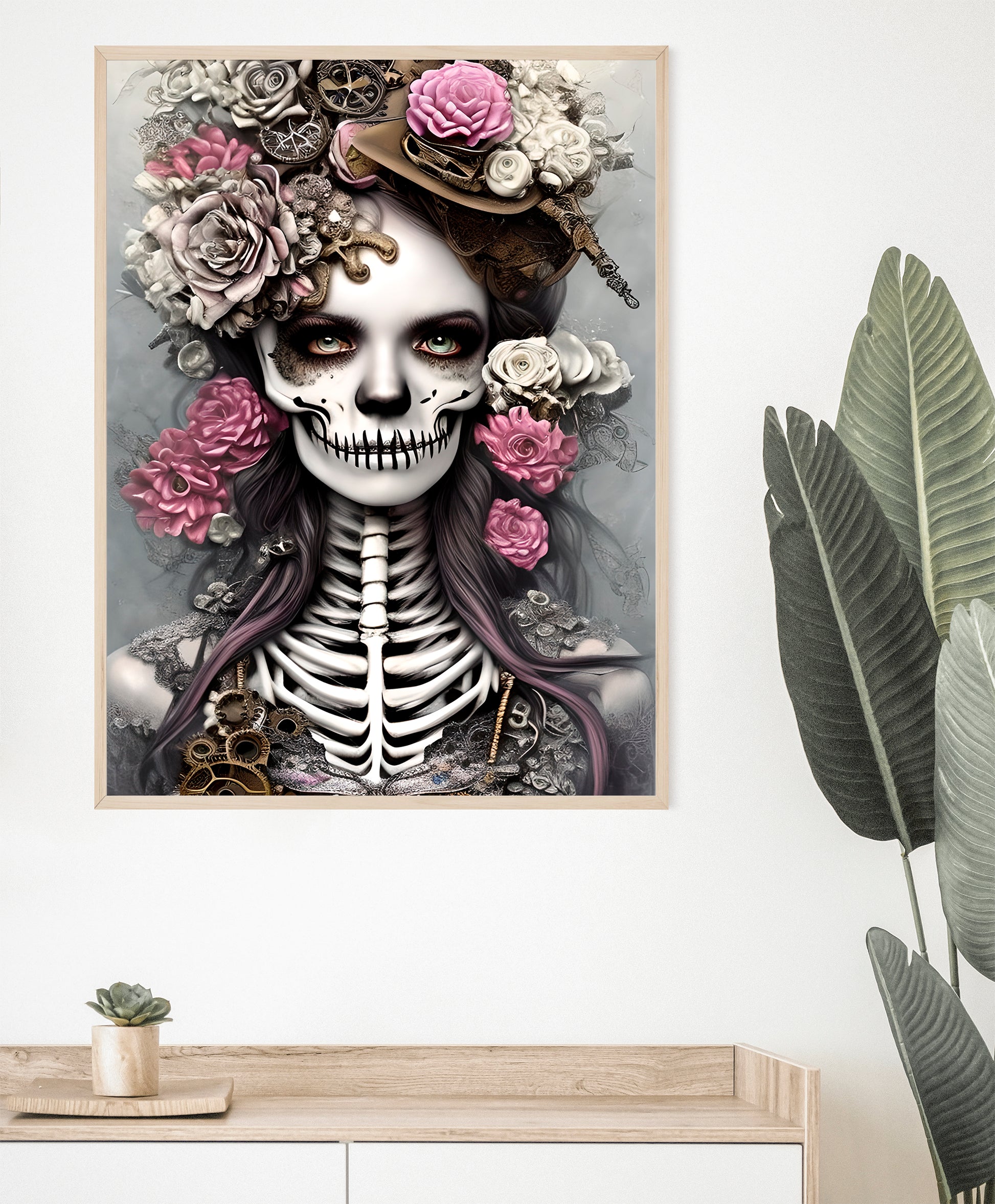 Skeleton Woman Steam Punk Grunge Punk Wall Art Poster Print framed on wall
