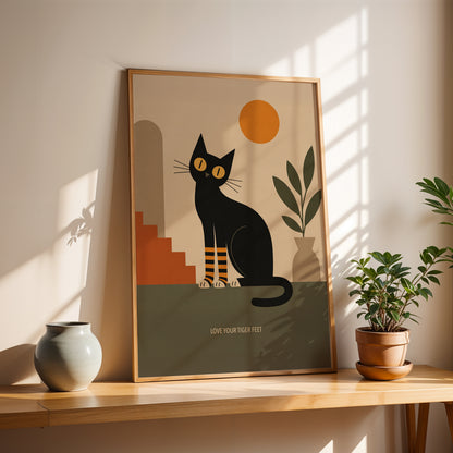 Black Cat Tiger Feet Print Mid Century Modern Wall Art Minimalist Cat Poster Retro Home Decor Cat Lover Gift Abstract Illustration