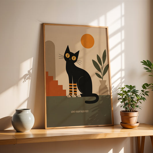 Black Cat Tiger Feet Print Mid Century Modern Wall Art Minimalist Cat Poster Retro Home Decor Cat Lover Gift Abstract Illustration