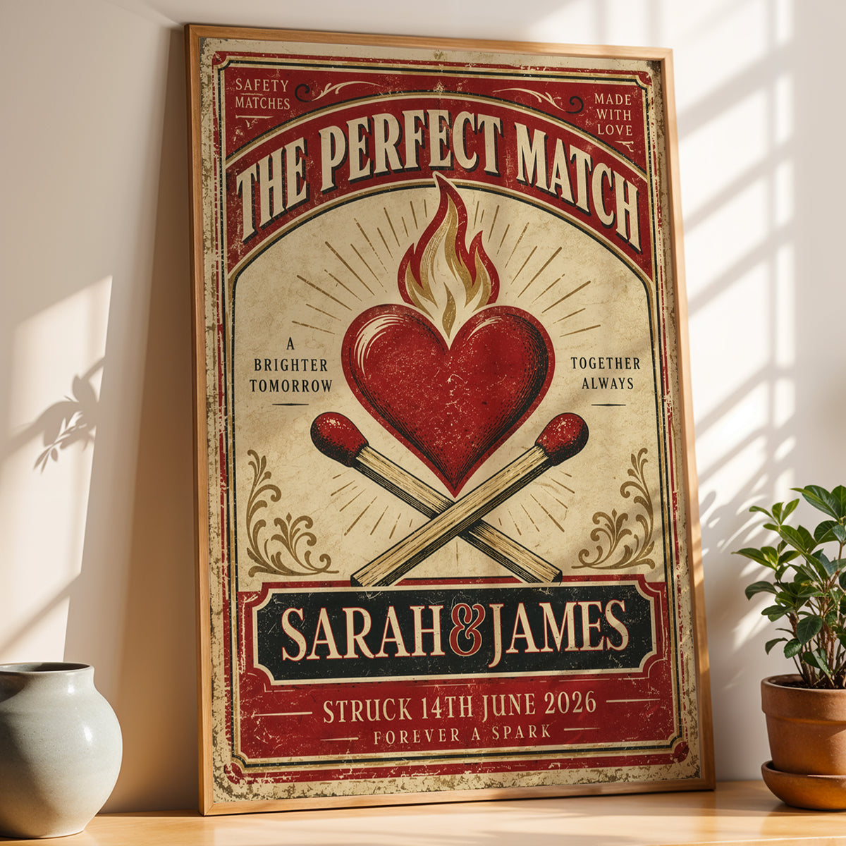 Personalised Perfect Match vintage matchbox wedding print with flaming heart, couple names and special date