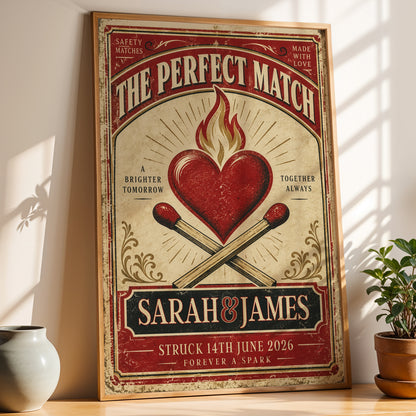 Personalised Perfect Match vintage matchbox wedding print with flaming heart, couple names and special date