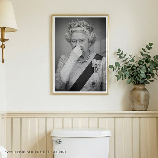 Funny Bathroom Wall Art Queen Holding Nose Print Toilet Humour Poster Vintage Black White Royal Loo Decor WC Wall Art Gift