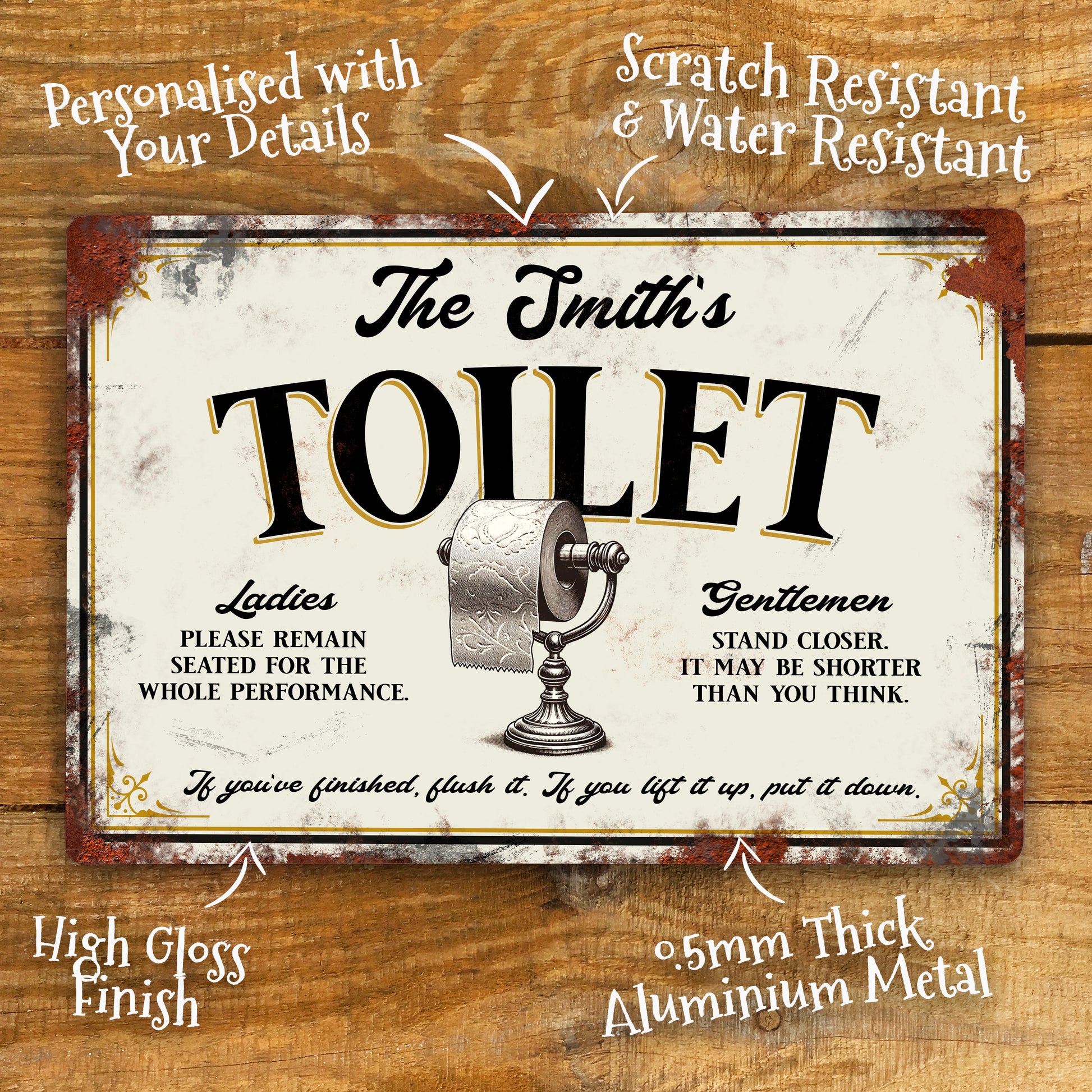 Personalised Toilet Victorian style Metal Sign with rusted effect showing measurements and details