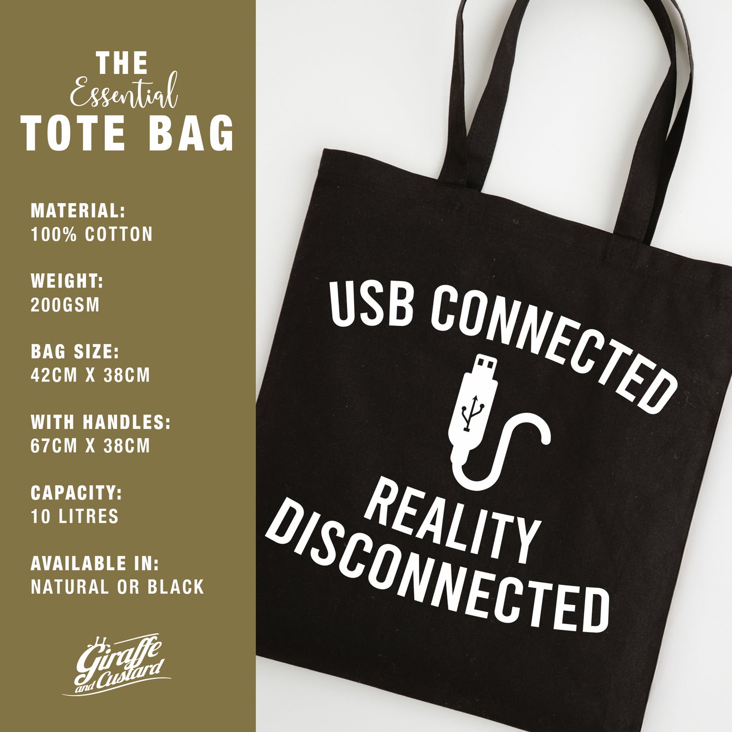 Funny Slogan Tote Bag – “USB Connected...Reality Disconnected”