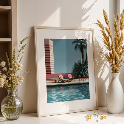Retro Poolside Wall Art Print, Mid Century Swimming Pool Poster, Palm Tree Art, Summer Holiday Decor, Colourful Pool Print A4 A3 A2 A1 DH02