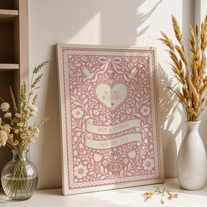 Personalised Folk Art Wedding Print – Custom Couple & Wedding Date Wall Art
