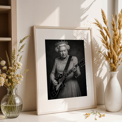 Queen Elizabeth II Guitar Print, Royal Rock Wall Art, British Music Poster, Black and White Queen Portrait, Alternative Royal Art