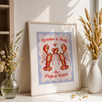 Personalised Lobster Couple Print, Perfect Catch Wedding Gift, Anniversary Wall Art, Coastal Love Print, A4 A3 A2 A1