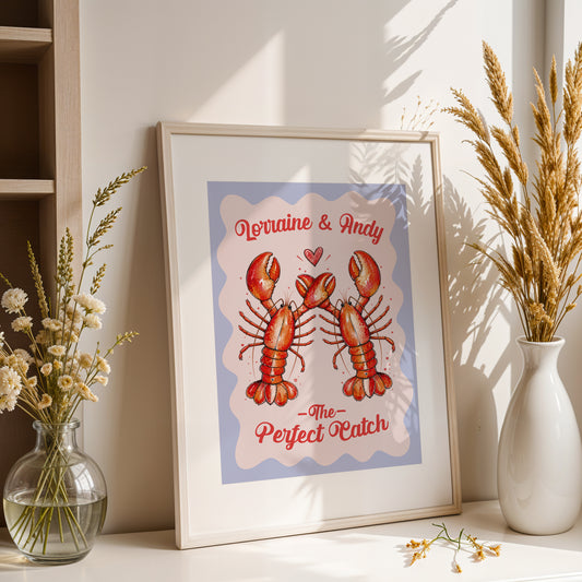Personalised Lobster Couple Print, Perfect Catch Wedding Gift, Anniversary Wall Art, Coastal Love Print, A4 A3 A2 A1