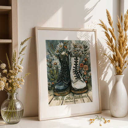 Personalised Wedding Print, Gothic, Indie Boots Couple Art, Alternative Wedding Gift, Custom Newlywed Print, Anniversary Gift A4 A3 A2 A1