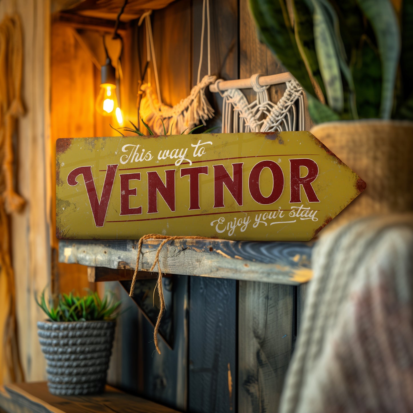 Decorative sign pointing to Ventnor with a warm, rustic background.