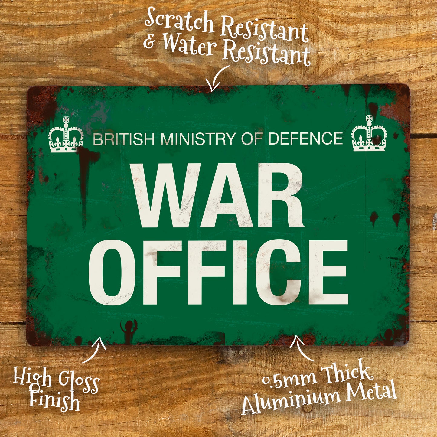 This vintage style world war 2 wartime War Office sign is a great gift idea for any Man Cave, bedroom or office. The sign is made from 0.5mm thick aluminium and is 100% waterproof. details