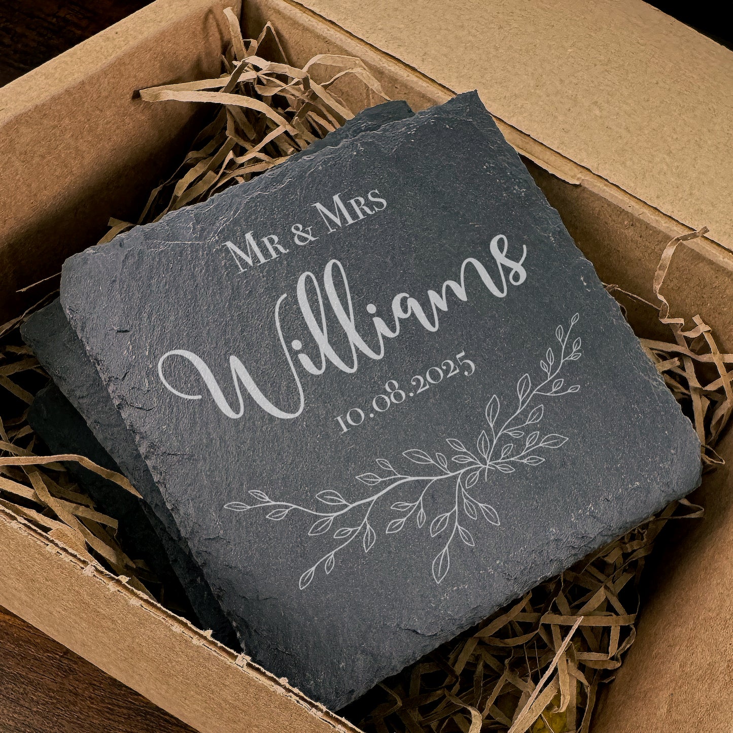 Personalised Engraved Wedding Coaster Floral Slate Wedding Favour Gift WC01