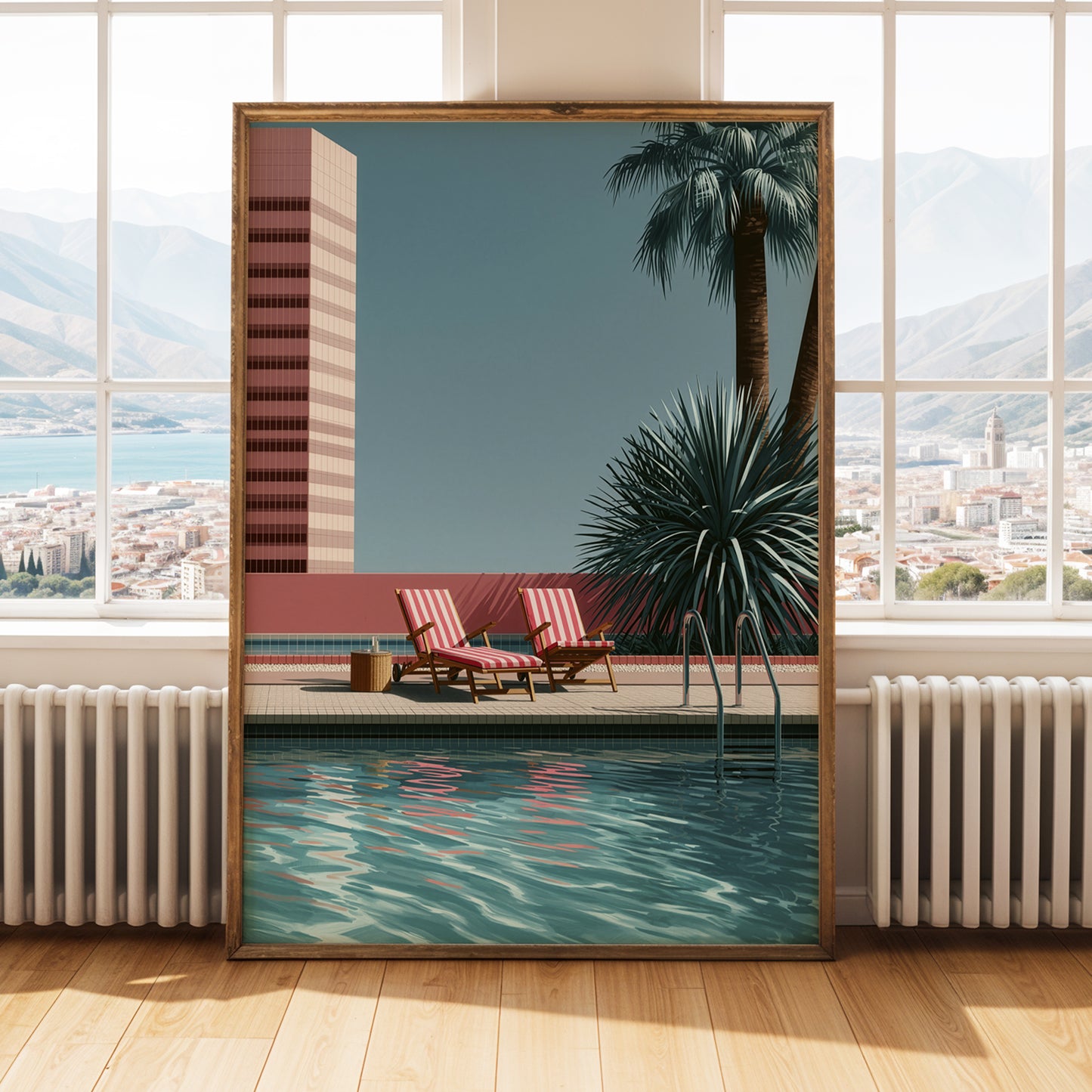 Retro Poolside Wall Art Print, Mid Century Swimming Pool Poster, Palm Tree Art, Summer Holiday Decor, Colourful Pool Print A4 A3 A2 A1 DH02