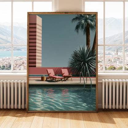 Retro Poolside Wall Art Print, Mid Century Swimming Pool Poster, Palm Tree Art, Summer Holiday Decor, Colourful Pool Print A4 A3 A2 A1 DH02