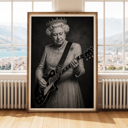Queen Elizabeth II Guitar Print, Royal Rock Wall Art, British Music Poster, Black and White Queen Portrait, Alternative Royal Art