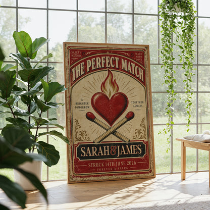 Personalised Perfect Match Wedding Print – Vintage Matchbox Couple Wall Art