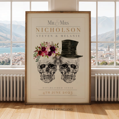 Personalised Skull Couple Wedding Print – Alternative Gothic Wall Art