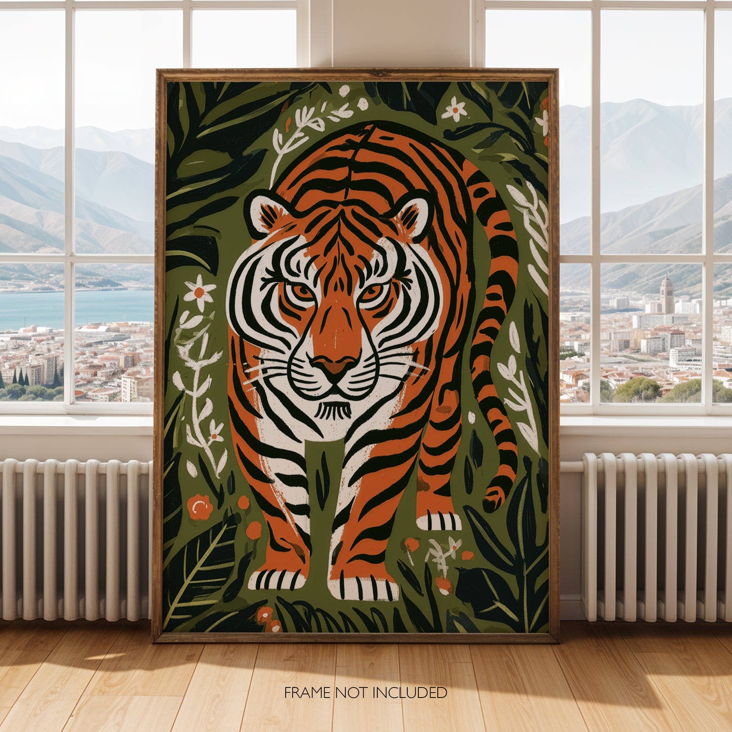 Tiger Wall Art Print, Jungle Animal Poster, Botanical Tiger Art, Folk Art Wildlife Decor, Maximalist Print, A4 A3 A2 A1