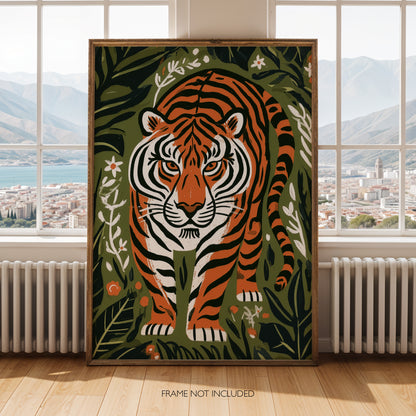 Tiger Wall Art Print, Jungle Animal Poster, Botanical Tiger Art, Folk Art Wildlife Decor, Maximalist Print, A4 A3 A2 A1
