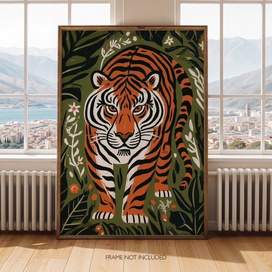 Tiger Wall Art Print, Jungle Animal Poster, Botanical Tiger Art, Folk Art Wildlife Decor, Maximalist Print, A4 A3 A2 A1