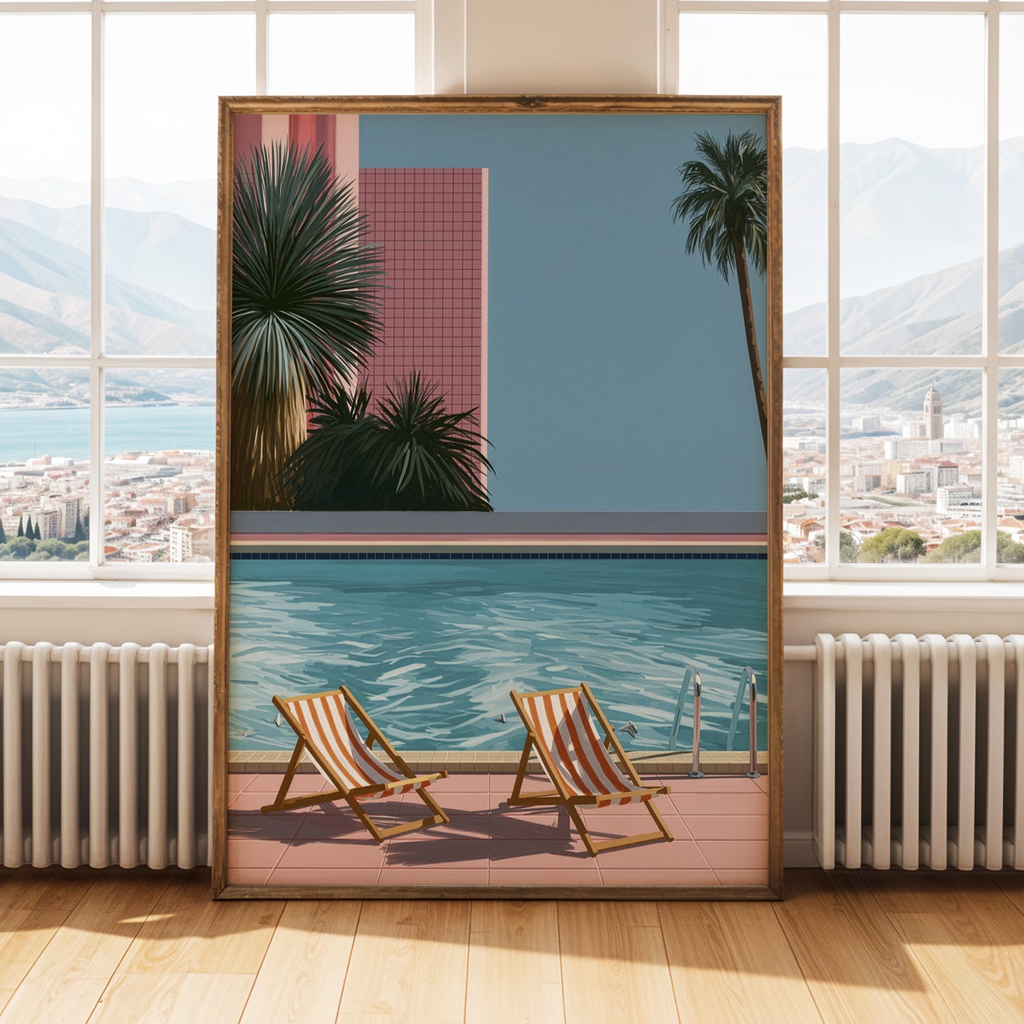 Retro Poolside Wall Art Print, Swimming Pool Poster, Palm Tree Art, Mid Century Summer Decor, Colourful Holiday Print A4 A3 A2 A DH01