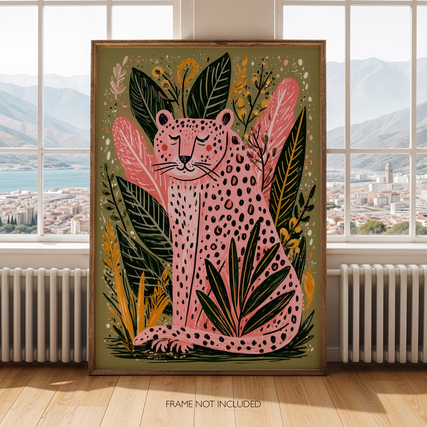 Pink Leopard Wall Art Print, Boho Jungle Animal Poster, Folk Art Botanical Decor, Maximalist Leopard Print, A4 A3 A2 A1