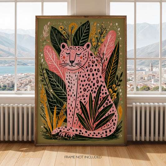 Pink Leopard Wall Art Print, Boho Jungle Animal Poster, Folk Art Botanical Decor, Maximalist Leopard Print, A4 A3 A2 A1