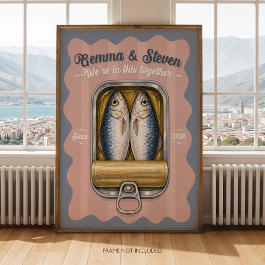 Personalised Sardines Couple Print, We're In This Together Wedding Gift, Anniversary Wall Art, Coastal Love Print, A4 A3 A2 A1
