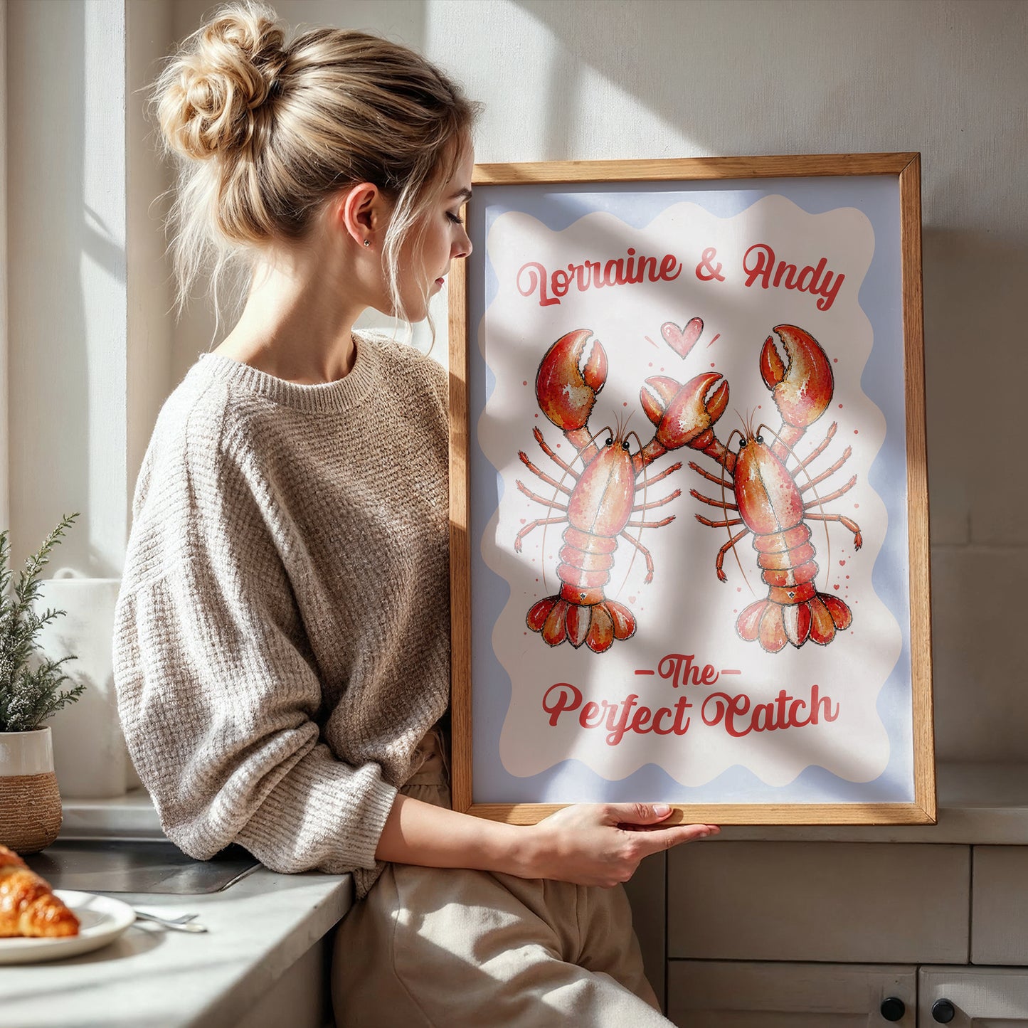 Personalised Lobster Couple Print, Perfect Catch Wedding Gift, Anniversary Wall Art, Coastal Love Print, A4 A3 A2 A1