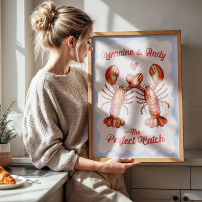 Personalised Lobster Couple Print, Perfect Catch Wedding Gift, Anniversary Wall Art, Coastal Love Print, A4 A3 A2 A1